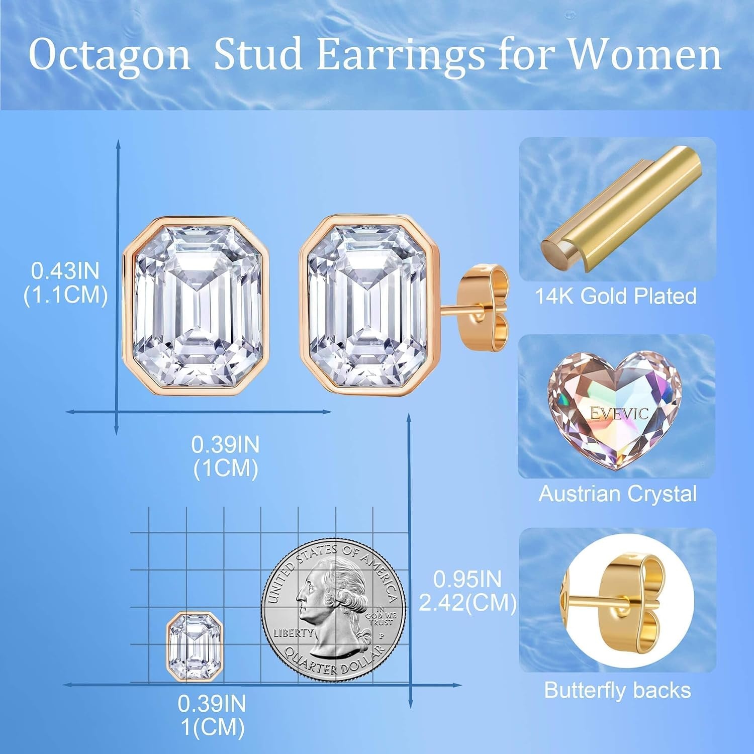 image:imageOctagon Austrian Crystal Dainty Stud Earrings for Women  14K Gold PlatedHypoallergenic S925 Sterling Silver PostBrilliant Octagon CutMinimalist Design for Daily LooksClear White