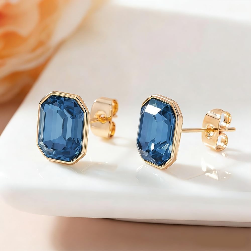 image:imageOctagon Austrian Crystal Dainty Stud Earrings for Women  14K Gold PlatedHypoallergenic S925 Sterling Silver PostBrilliant Octagon CutMinimalist Design for Daily LooksDark Blue