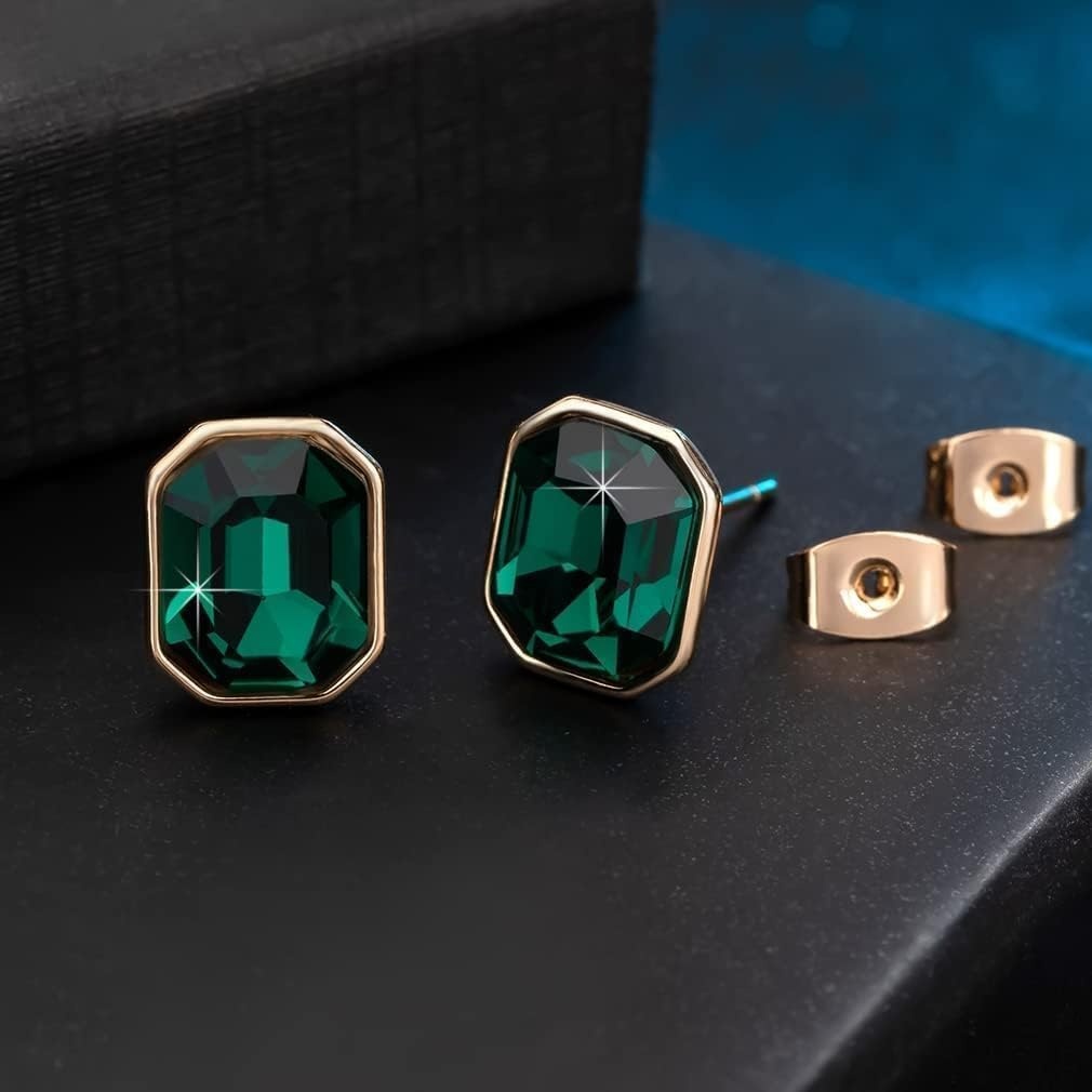 image:imageOctagon Austrian Crystal Dainty Stud Earrings for Women  14K Gold PlatedHypoallergenic S925 Sterling Silver PostBrilliant Octagon CutMinimalist Design for Daily LooksGreen
