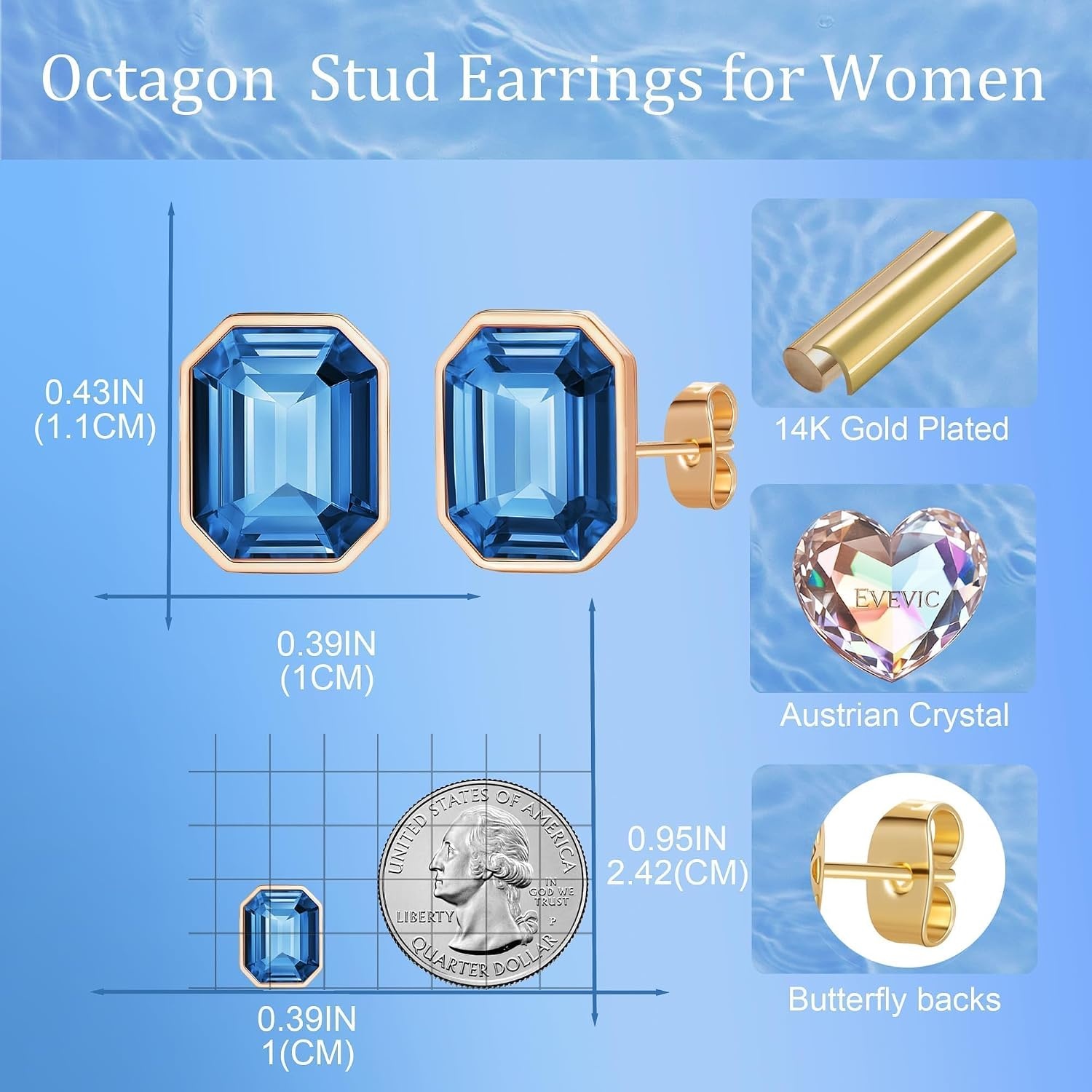 image:imageOctagon Austrian Crystal Dainty Stud Earrings for Women  14K Gold PlatedHypoallergenic S925 Sterling Silver PostBrilliant Octagon CutMinimalist Design for Daily LooksDark Blue