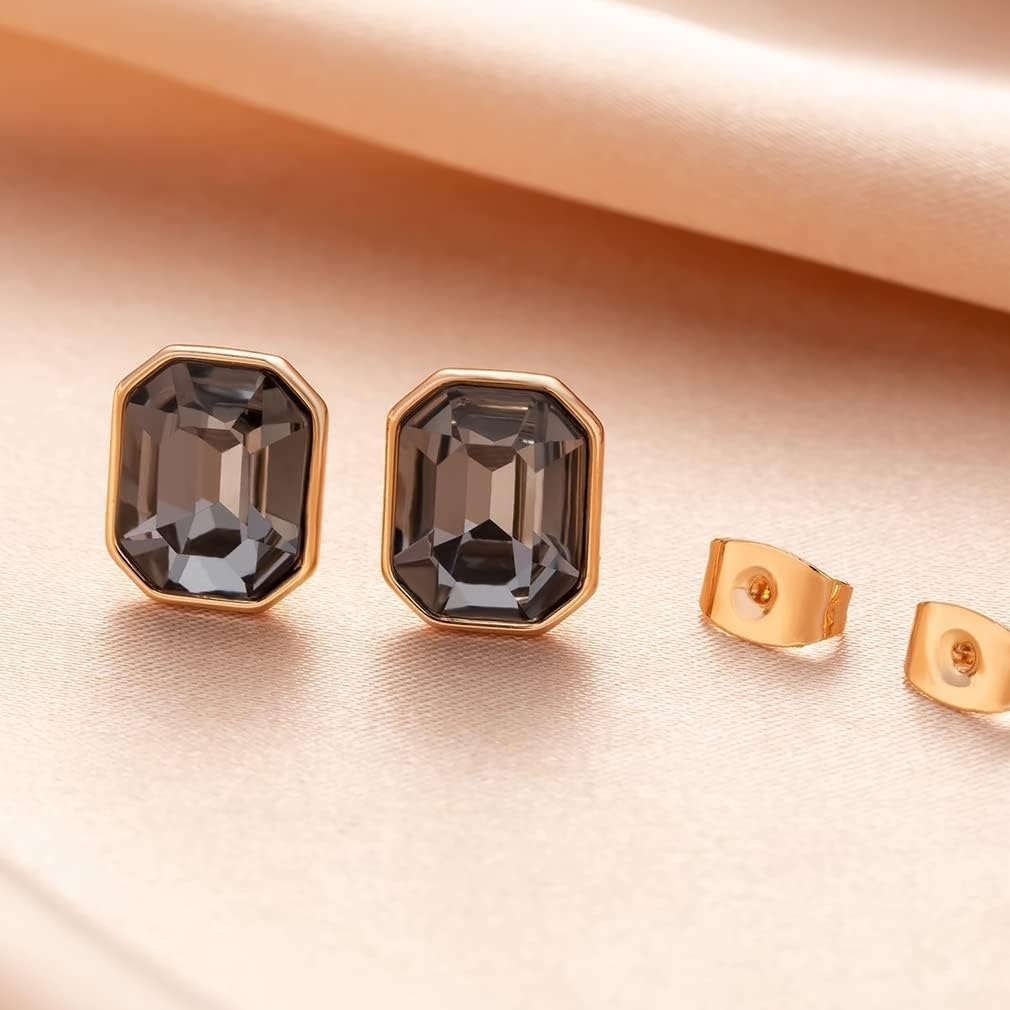 image:imageOctagon Austrian Crystal Dainty Stud Earrings for Women  14K Gold PlatedHypoallergenic S925 Sterling Silver PostBrilliant Octagon CutMinimalist Design for Daily LooksBlack