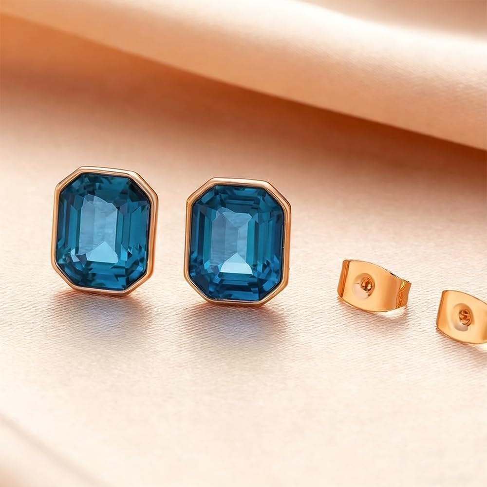 image:imageOctagon Austrian Crystal Dainty Stud Earrings for Women  14K Gold PlatedHypoallergenic S925 Sterling Silver PostBrilliant Octagon CutMinimalist Design for Daily LooksDark Blue