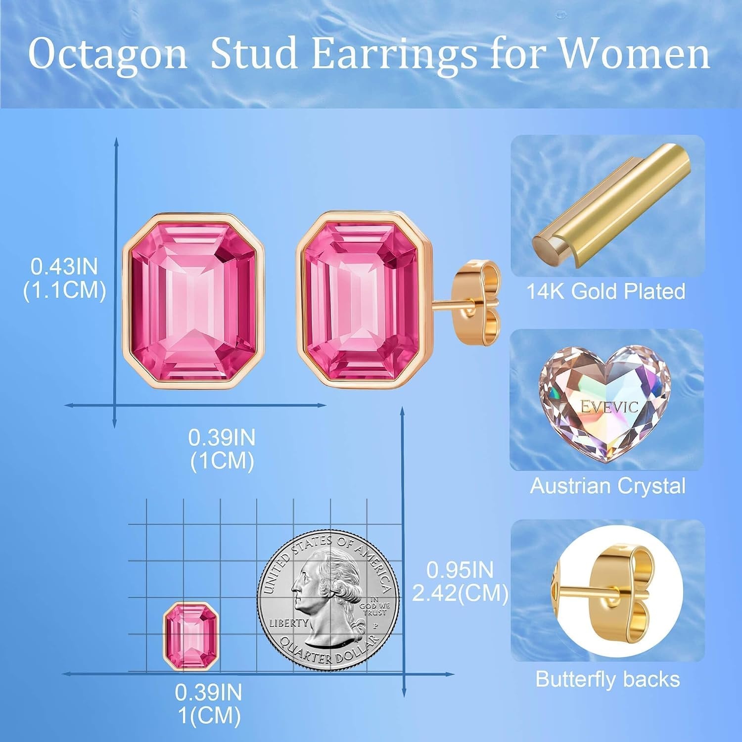 image:imageOctagon Austrian Crystal Dainty Stud Earrings for Women  14K Gold PlatedHypoallergenic S925 Sterling Silver PostBrilliant Octagon CutMinimalist Design for Daily LooksPink