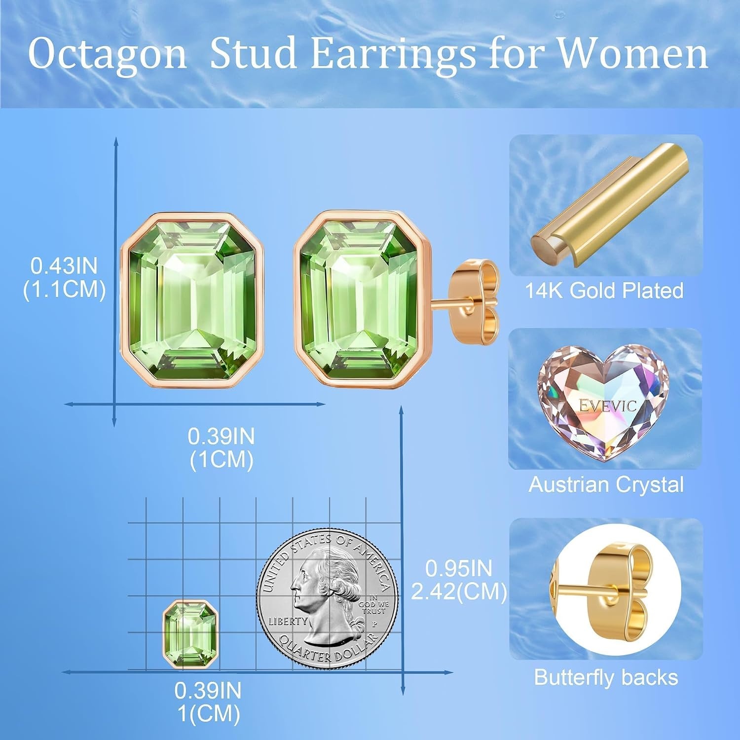 image:imageOctagon Austrian Crystal Dainty Stud Earrings for Women  14K Gold PlatedHypoallergenic S925 Sterling Silver PostBrilliant Octagon CutMinimalist Design for Daily LooksFern Green