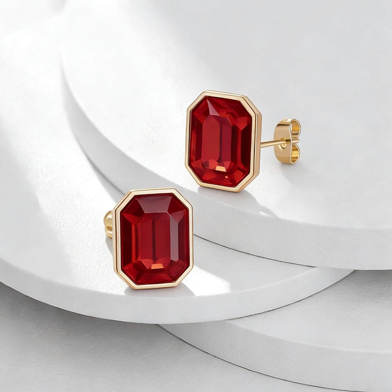 image:imageOctagon Austrian Crystal Dainty Stud Earrings for Women  14K Gold PlatedHypoallergenic S925 Sterling Silver PostBrilliant Octagon CutMinimalist Design for Daily LooksRed