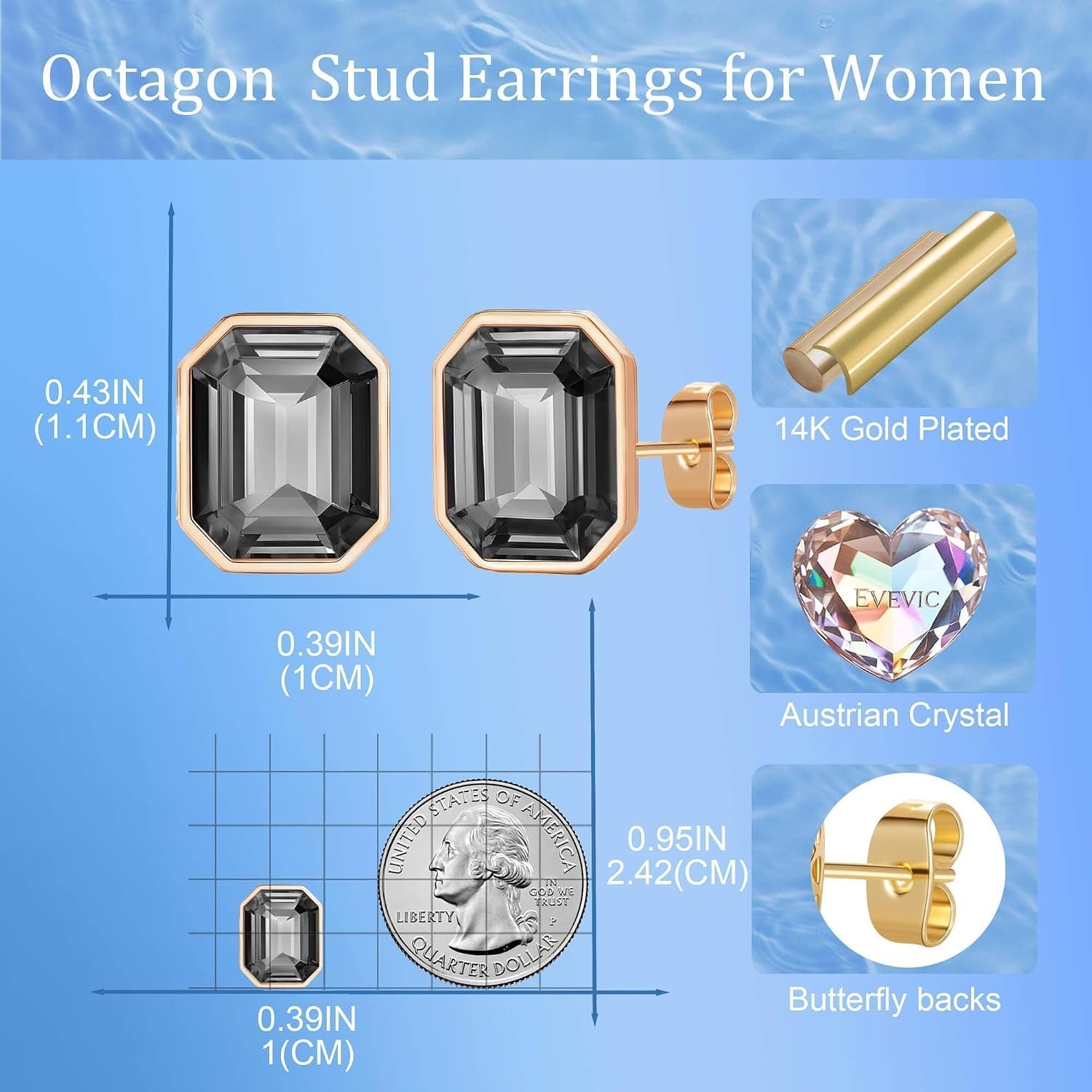 image:imageOctagon Austrian Crystal Dainty Stud Earrings for Women  14K Gold PlatedHypoallergenic S925 Sterling Silver PostBrilliant Octagon CutMinimalist Design for Daily LooksBlack