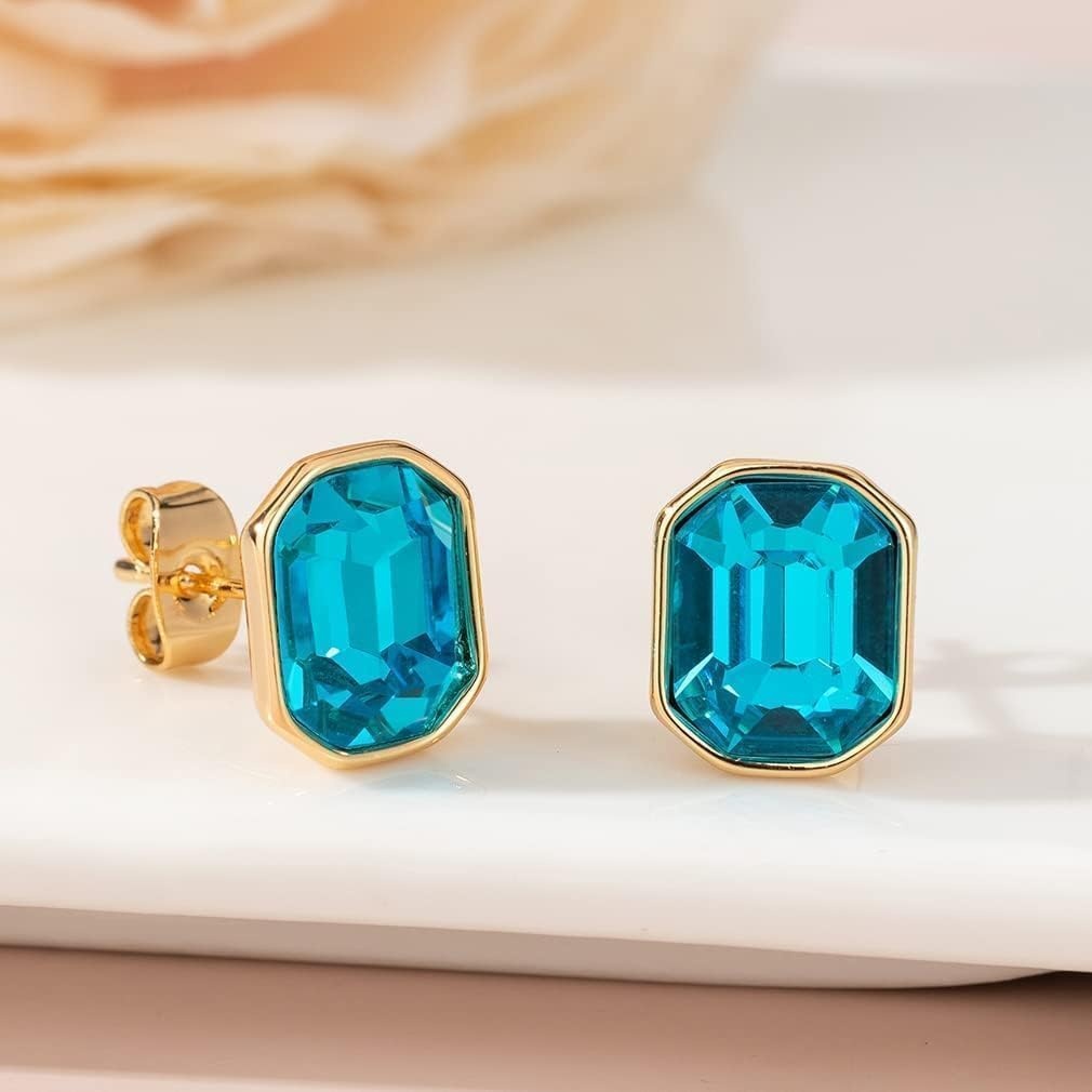 image:imageOctagon Austrian Crystal Dainty Stud Earrings for Women  14K Gold PlatedHypoallergenic S925 Sterling Silver PostBrilliant Octagon CutMinimalist Design for Daily LooksAqua Blue