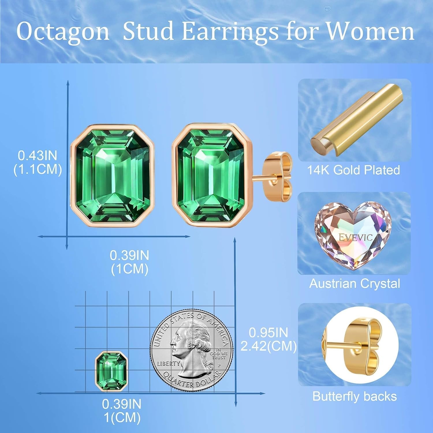 image:imageOctagon Austrian Crystal Dainty Stud Earrings for Women  14K Gold PlatedHypoallergenic S925 Sterling Silver PostBrilliant Octagon CutMinimalist Design for Daily LooksGreen