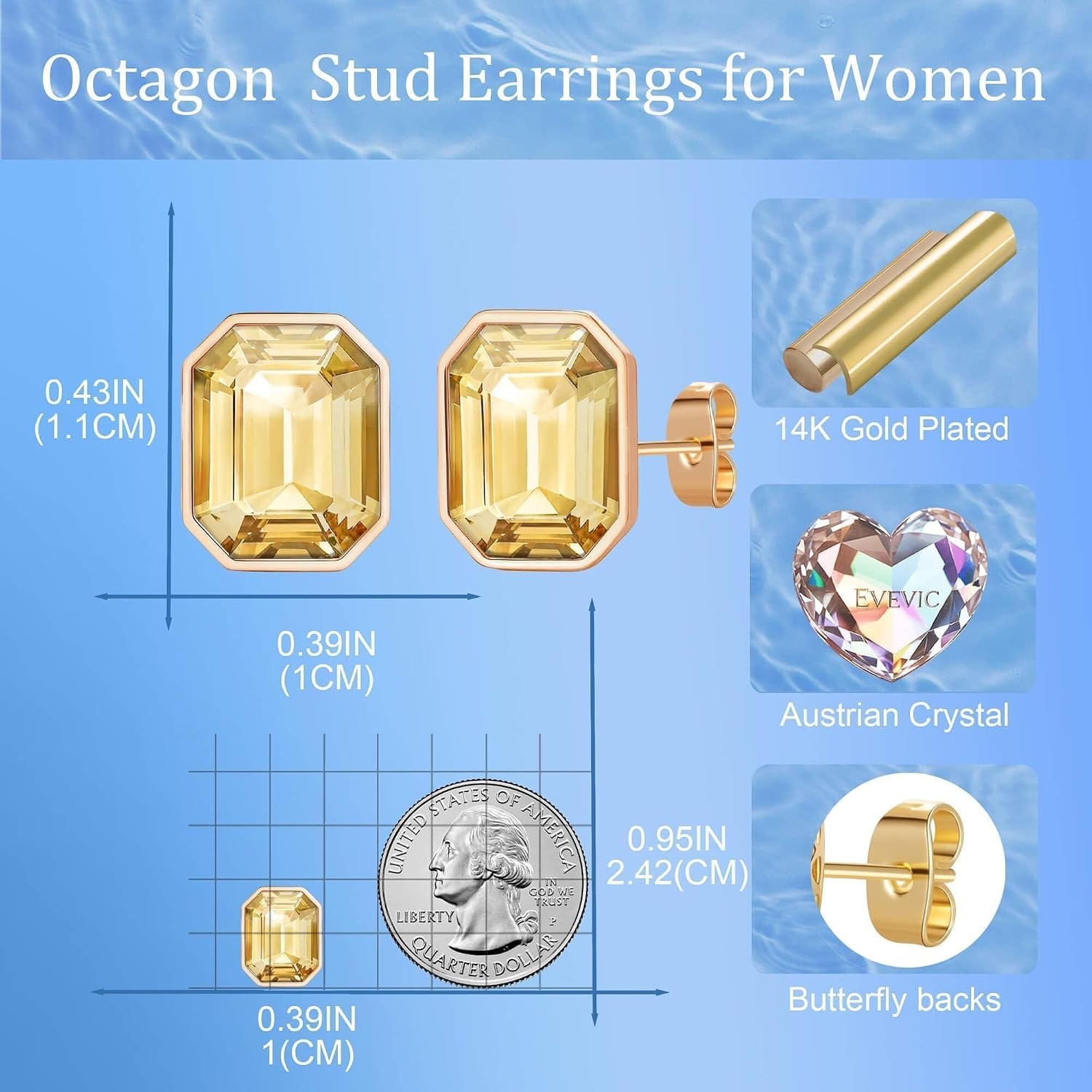 image:imageOctagon Austrian Crystal Dainty Stud Earrings for Women  14K Gold PlatedHypoallergenic S925 Sterling Silver PostBrilliant Octagon CutMinimalist Design for Daily LooksChampagne