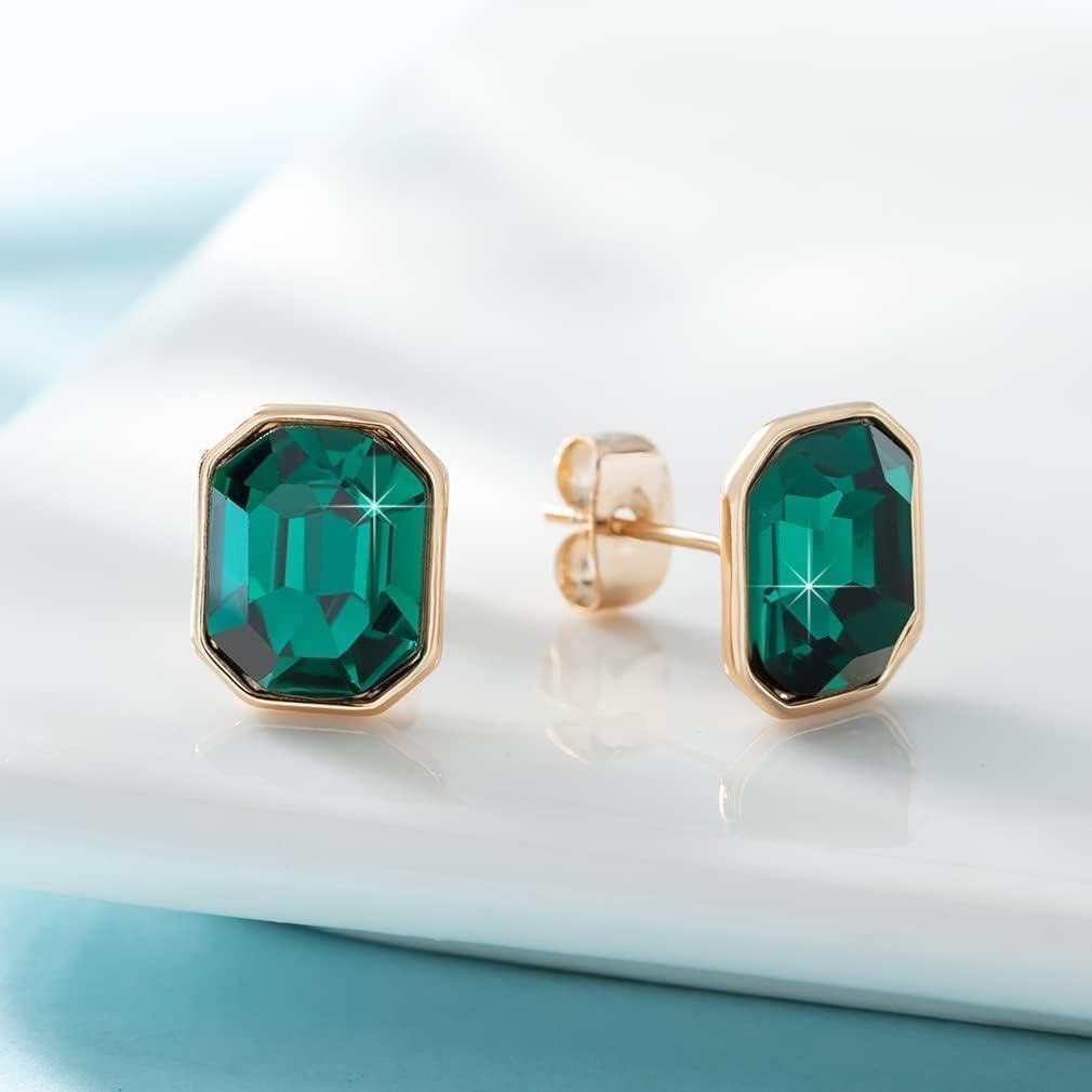 image:imageOctagon Austrian Crystal Dainty Stud Earrings for Women  14K Gold PlatedHypoallergenic S925 Sterling Silver PostBrilliant Octagon CutMinimalist Design for Daily LooksGreen