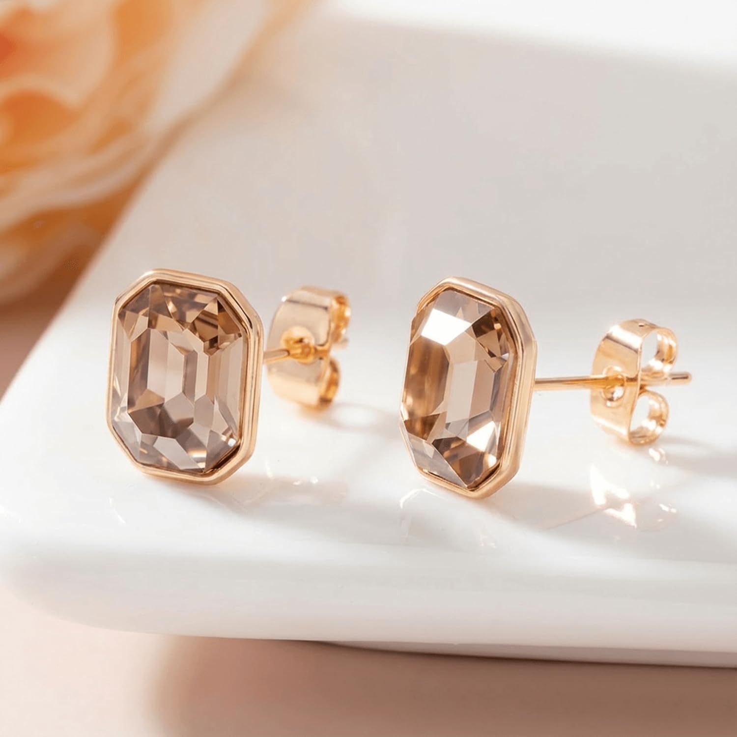 image:imageOctagon Austrian Crystal Dainty Stud Earrings for Women  14K Gold PlatedHypoallergenic S925 Sterling Silver PostBrilliant Octagon CutMinimalist Design for Daily LooksChampagne