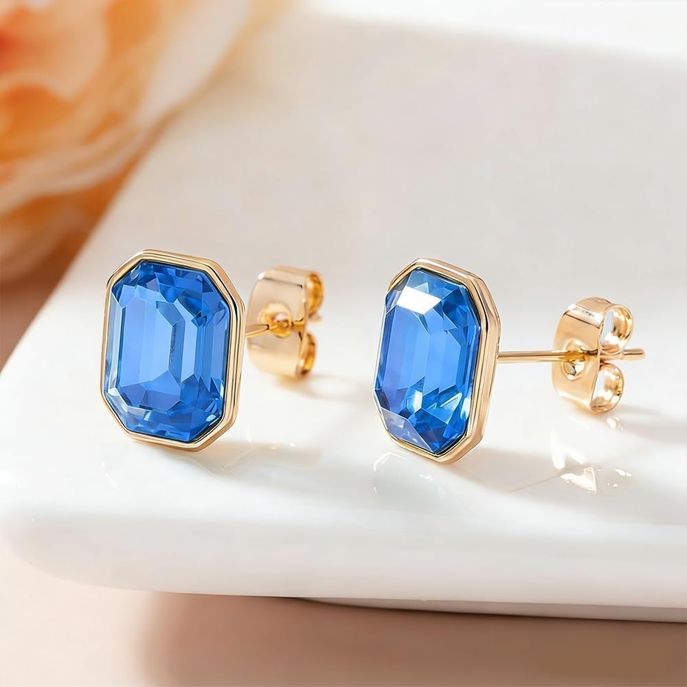 image:imageOctagon Austrian Crystal Dainty Stud Earrings for Women  14K Gold PlatedHypoallergenic S925 Sterling Silver PostBrilliant Octagon CutMinimalist Design for Daily LooksRoyal Blue