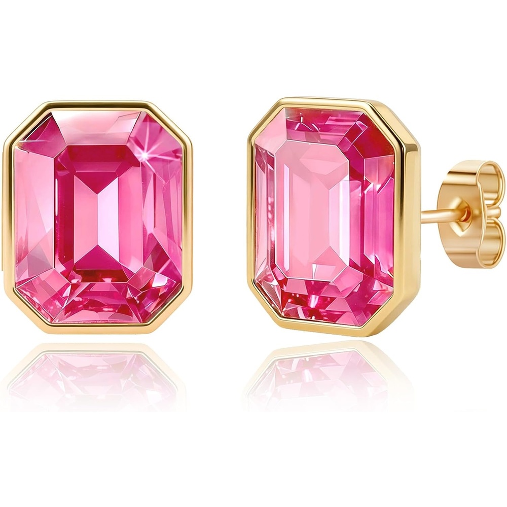 image:imageOctagon Austrian Crystal Dainty Stud Earrings for Women  14K Gold PlatedHypoallergenic S925 Sterling Silver PostBrilliant Octagon CutMinimalist Design for Daily LooksPink