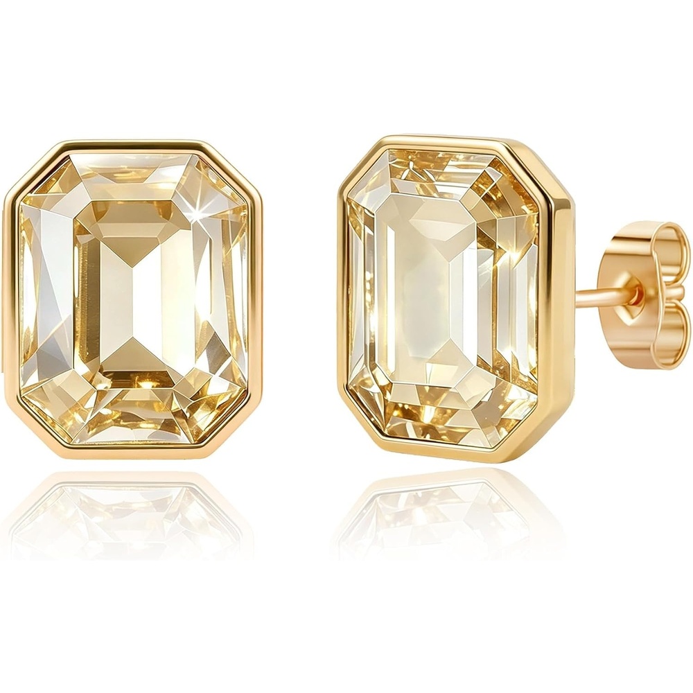 image:imageOctagon Austrian Crystal Dainty Stud Earrings for Women  14K Gold PlatedHypoallergenic S925 Sterling Silver PostBrilliant Octagon CutMinimalist Design for Daily LooksChampagne