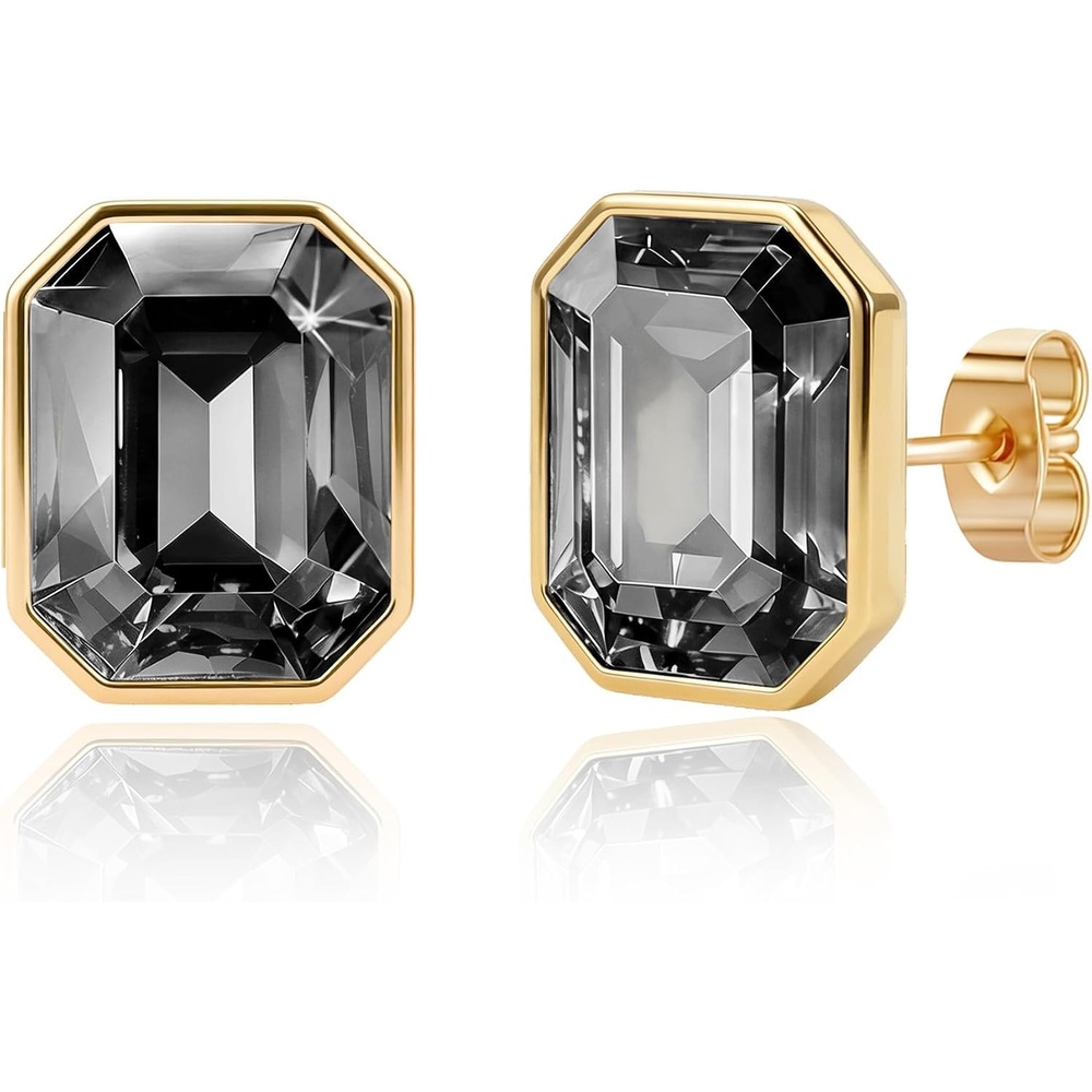 image:imageOctagon Austrian Crystal Dainty Stud Earrings for Women  14K Gold PlatedHypoallergenic S925 Sterling Silver PostBrilliant Octagon CutMinimalist Design for Daily LooksBlack