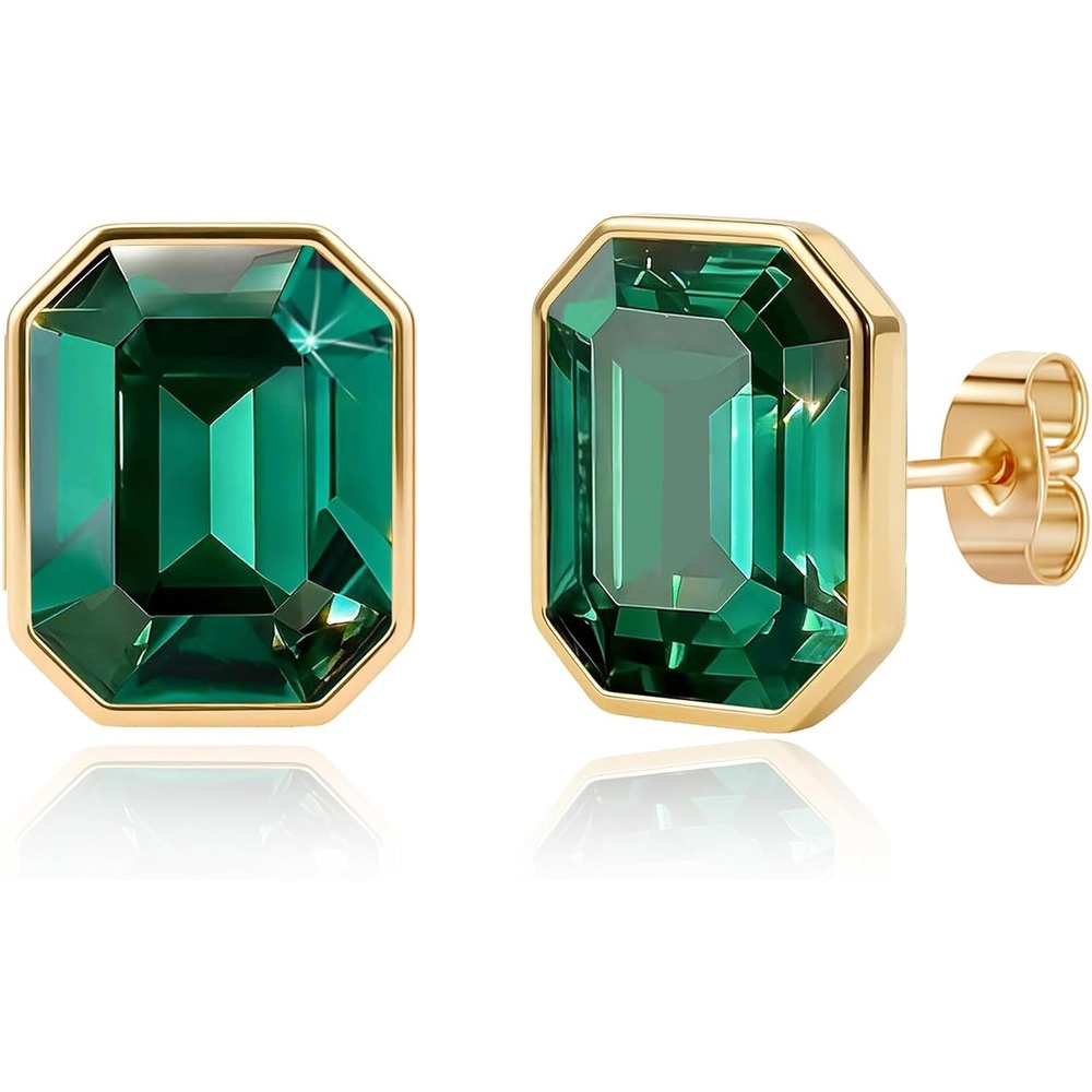 image:imageOctagon Austrian Crystal Dainty Stud Earrings for Women  14K Gold PlatedHypoallergenic S925 Sterling Silver PostBrilliant Octagon CutMinimalist Design for Daily LooksGreen