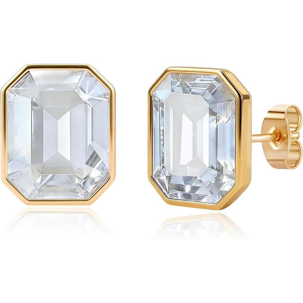 image:imageOctagon Austrian Crystal Dainty Stud Earrings for Women  14K Gold PlatedHypoallergenic S925 Sterling Silver PostBrilliant Octagon CutMinimalist Design for Daily LooksClear White