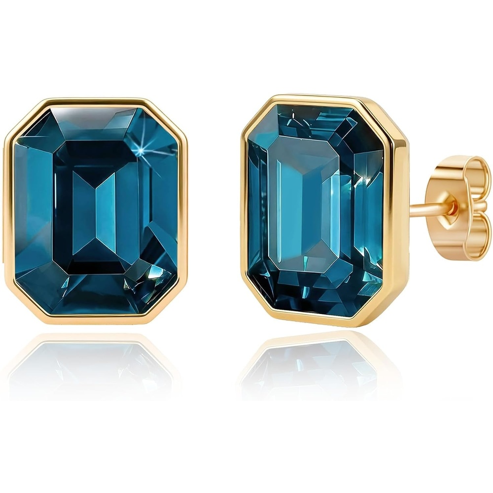 image:imageOctagon Austrian Crystal Dainty Stud Earrings for Women  14K Gold PlatedHypoallergenic S925 Sterling Silver PostBrilliant Octagon CutMinimalist Design for Daily LooksDark Blue