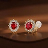 image:imageOval Austrian Crystal Halo Clip On Earrings for Women  Oval Austrian Crystal with Zircon Halo14K GoldPlatedSilicone Comfort PadGift Box IncludedFor Daily and Evening EventsRed
