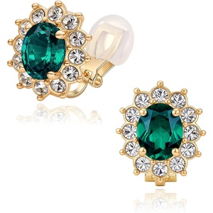 image:imageOval Austrian Crystal Halo Clip On Earrings for Women  Oval Austrian Crystal with Zircon Halo14K GoldPlatedSilicone Comfort PadGift Box IncludedFor Daily and Evening EventsGreen