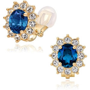 image:imageOval Austrian Crystal Halo Clip On Earrings for Women  Oval Austrian Crystal with Zircon Halo14K GoldPlatedSilicone Comfort PadGift Box IncludedFor Daily and Evening EventsDark Blue