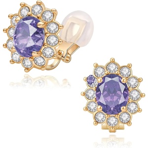 image:imageOval Austrian Crystal Halo Clip On Earrings for Women  Oval Austrian Crystal with Zircon Halo14K GoldPlatedSilicone Comfort PadGift Box IncludedFor Daily and Evening EventsLavender