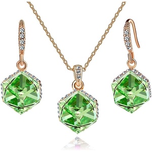 image:imageEVEVIC Austrian Crystal Cube Pendant Necklace and Earrings Set for WomenGreen Crystal Rose Goldtone